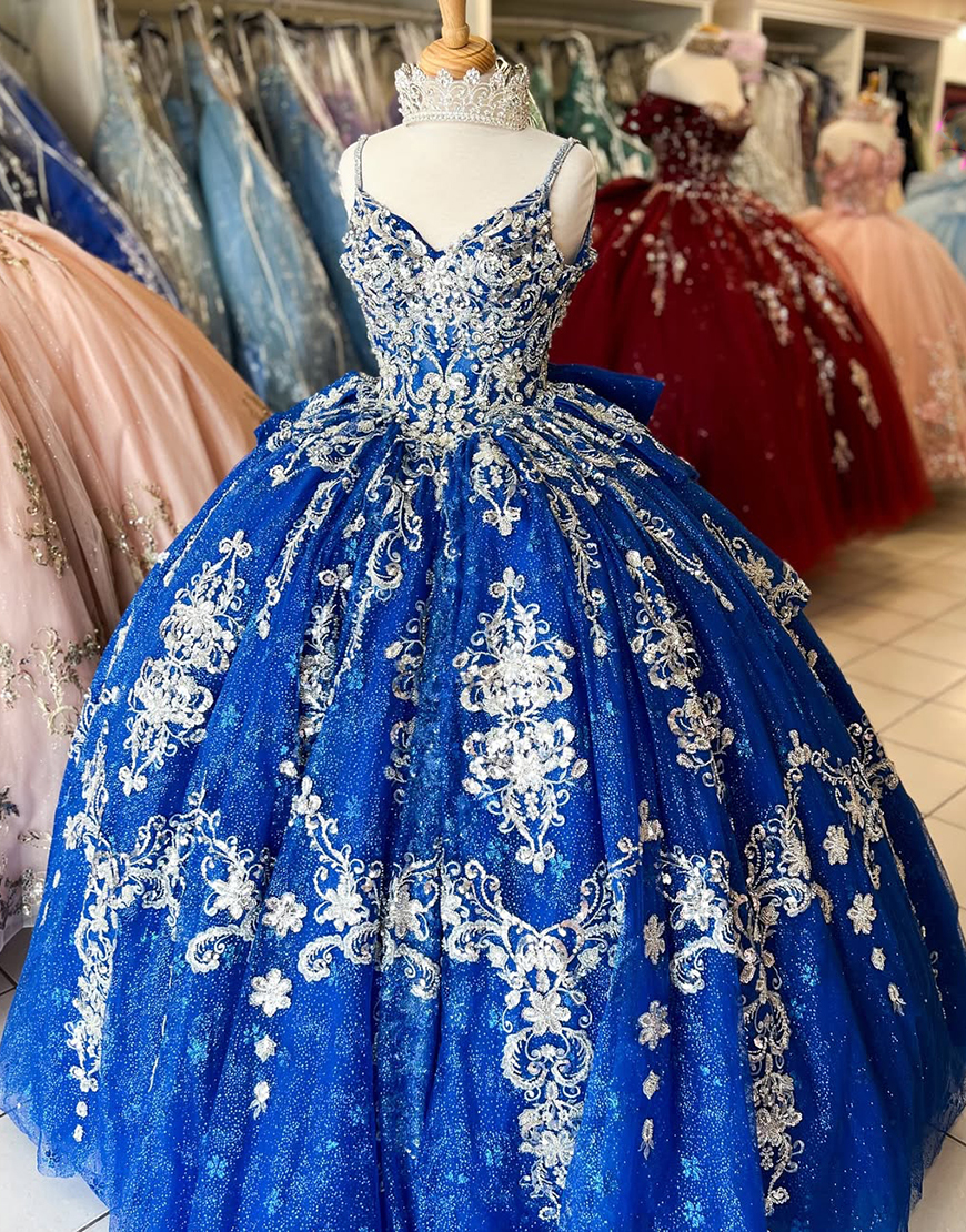 Sparkly Royal Blue Spaghetti Straps Sequin Appliques Quinceanera Dress with Bow