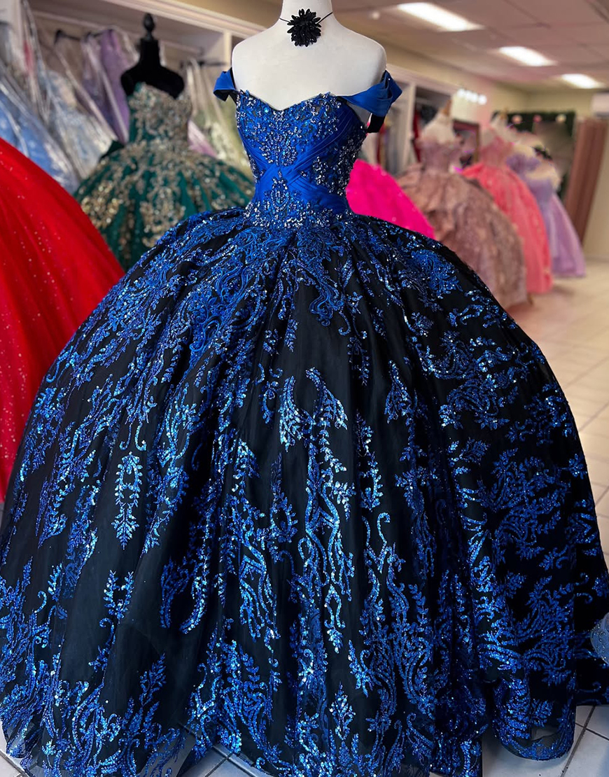 Sparkly Royal Blue Off The Shoulder Beaded Appliques Quinceanera Dress