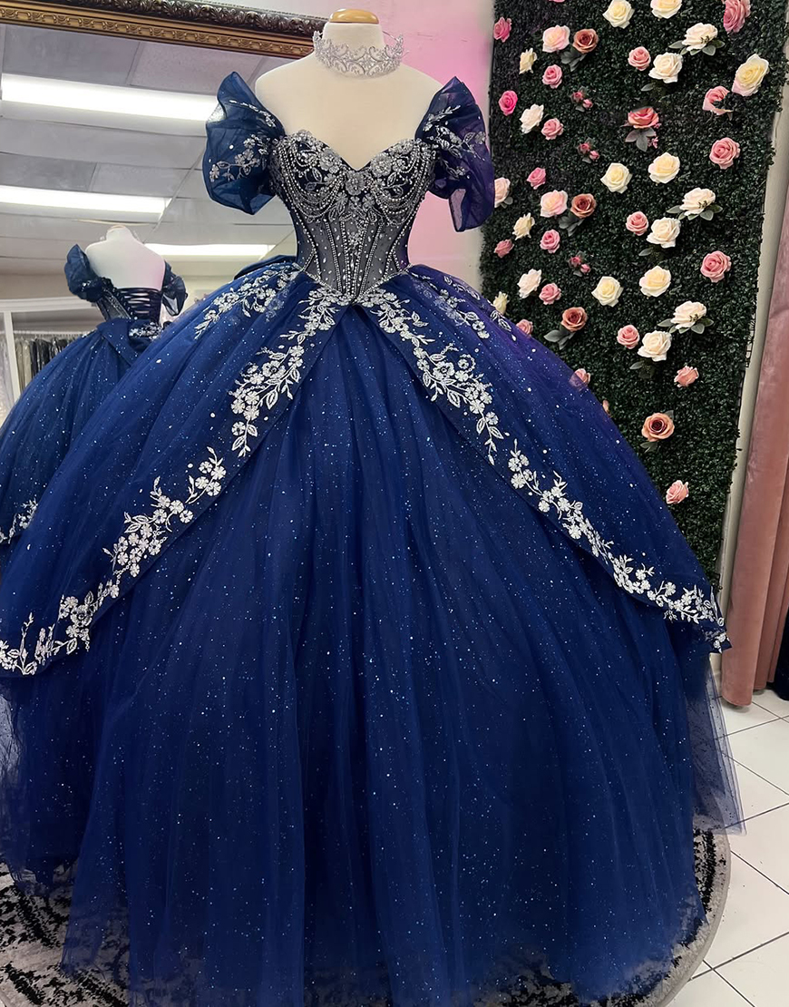 Sparkly Navy Off The Shoulder Beaded Appliques Quinceanera Dress with Bow