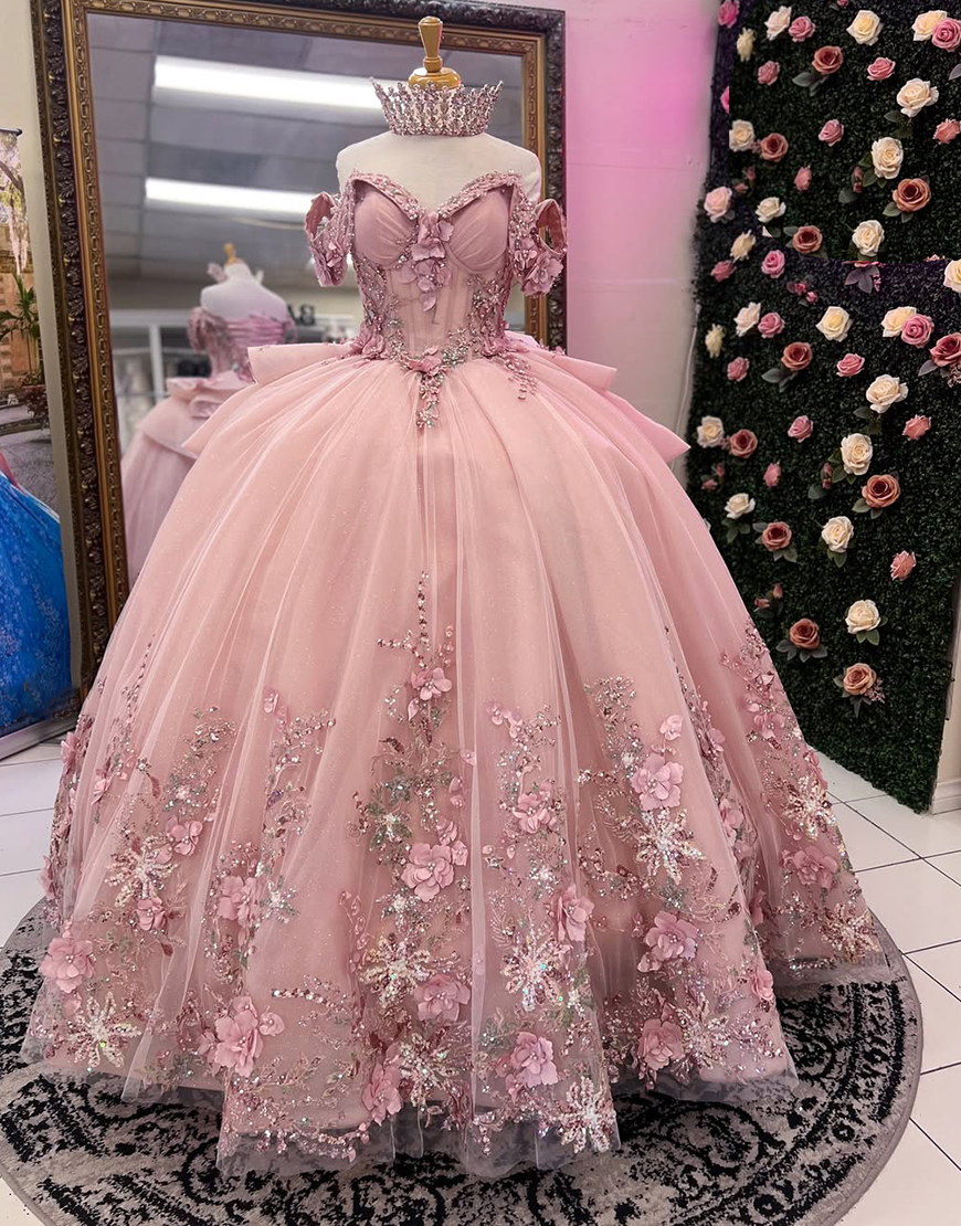 Pink Off The Shoulder Corset Tulle Quinceanera Dress with Appliques Beading