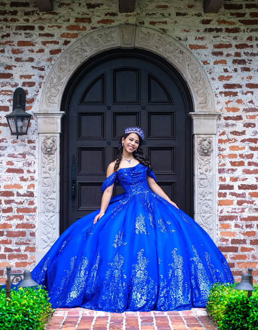 Sparkly Royal Blue Off The Shoulder Sequin Quinceanera Dress with Bow