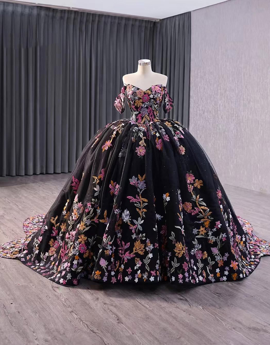 Black Floral Off The Shoulder Quinceanera Dress with Appliques