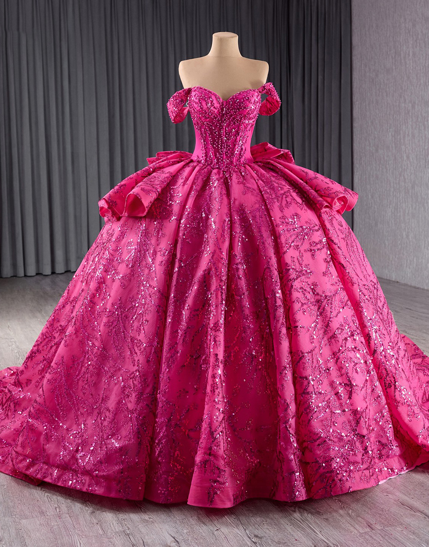 Sparkly Fuchsia Ball Gown Off The Shoulder Beading Quinceanera Dress with Bow
