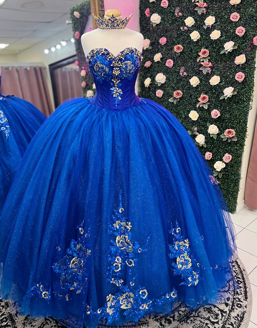 Sparkly Royal Blue Strapless Ball Gowns Quinceanera Dress with Beading Appliques