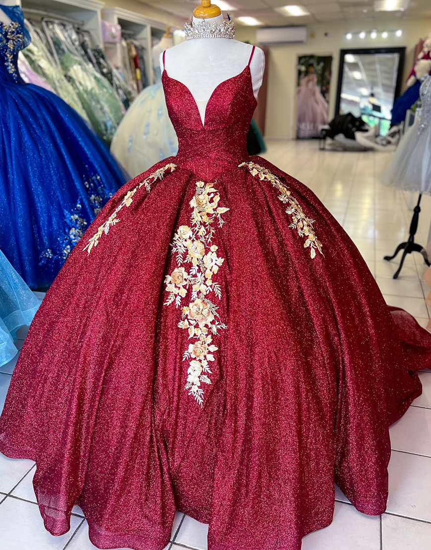 Sparkly Burgundy Spaghetti Straps V-Neck Quinceanera Dress with Appliques