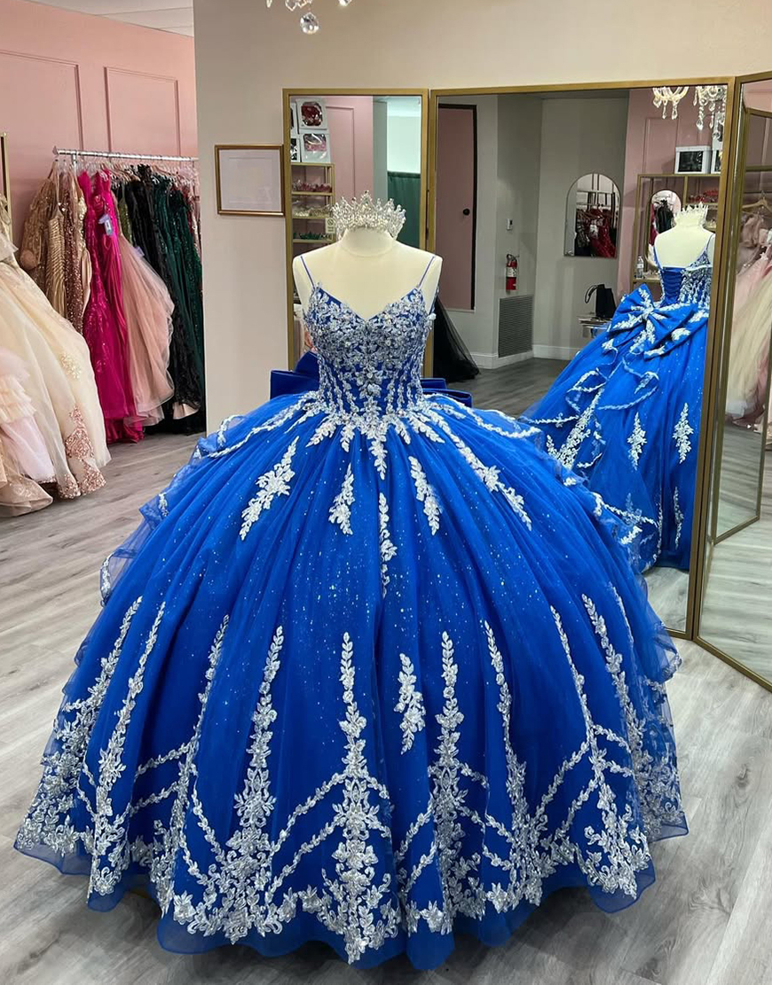Sparkly Royal Blue Spaghetti Straps Sequined Appliques Quinceanera Dress with Bow
