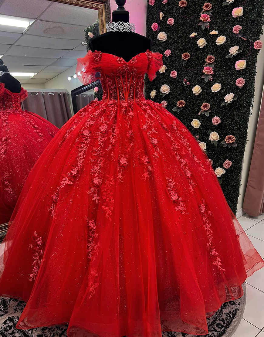 Red Off The Shoulder Corset Appliques Quinceanera Dress with Lace Up Back