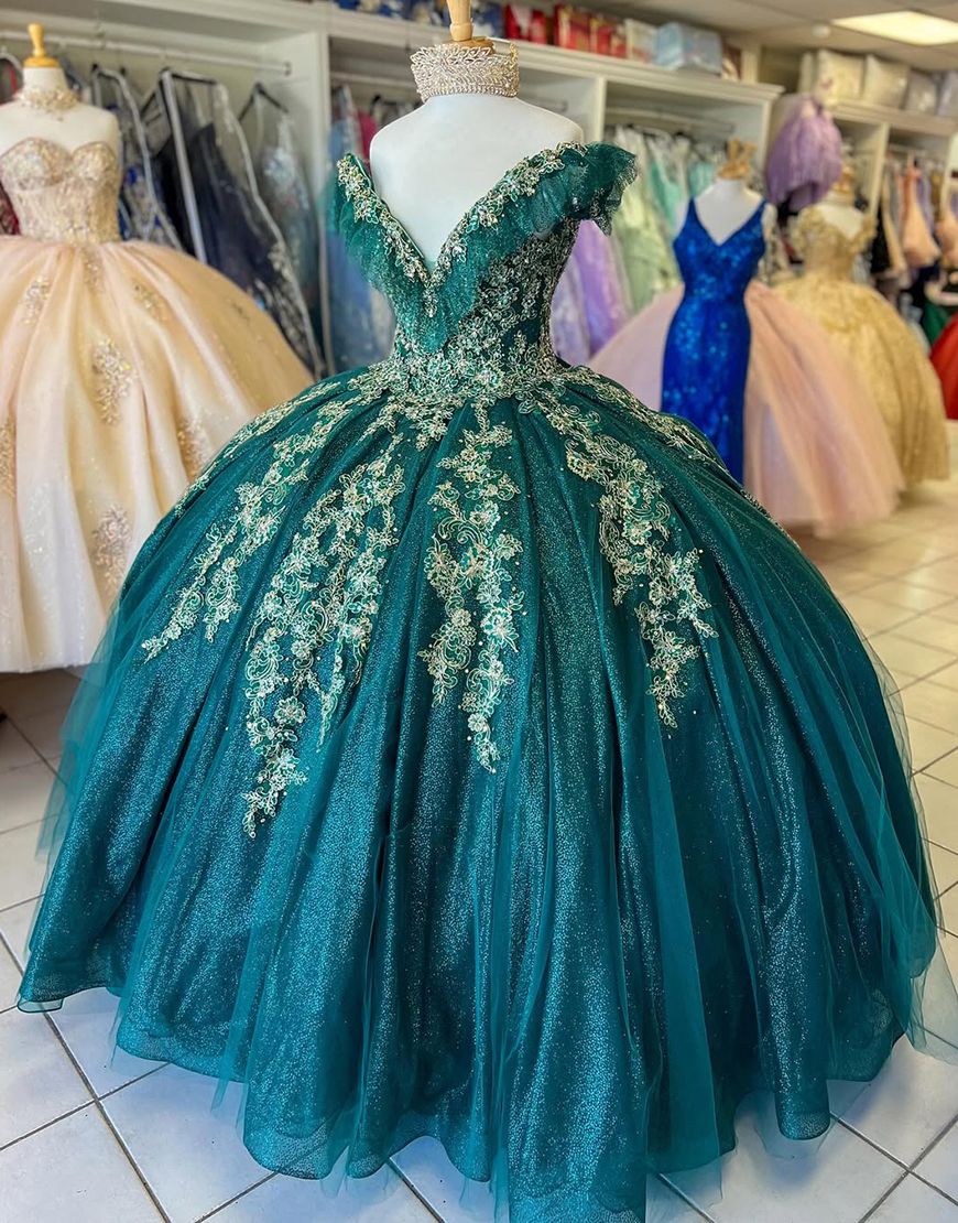 Sparkly Dark Green V-Neck Sequined Tulle Quinceanera Dresses With Appliques