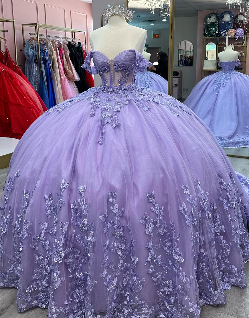 Sparkly Lilac Sweetheart Off The Shoulder Sequined Quinceanera Dresses with Appliques