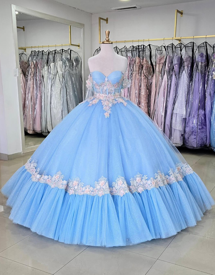 Blue Off The Shoulder Corset Quinceanera Dress with Sequined Appliques Pleated