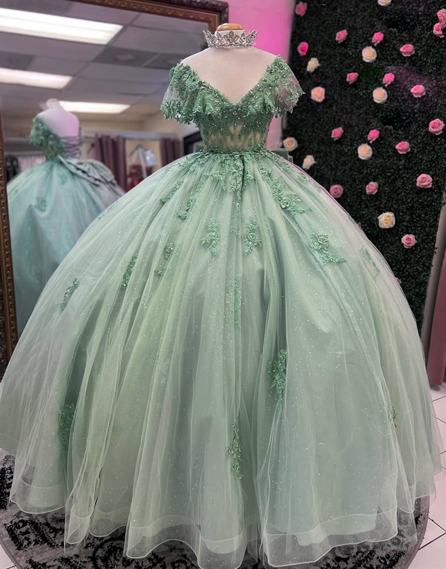 Sparkly Grey Green V-Neck Sequined Appliques Tulle Quinceanera Dresses With Bow