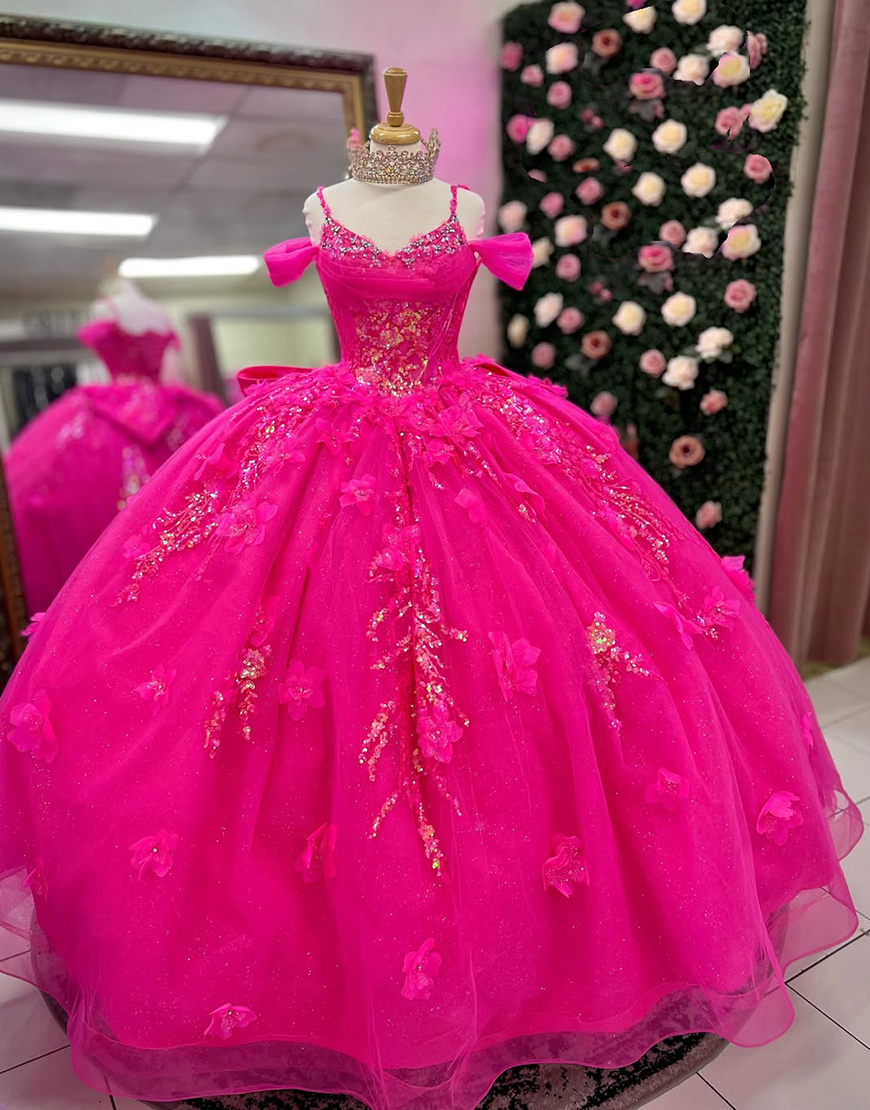 Sparkly Fuchsia Spaghetti Straps Off The Shoulder Sequined Quinceanera Dress with 3D Flowers