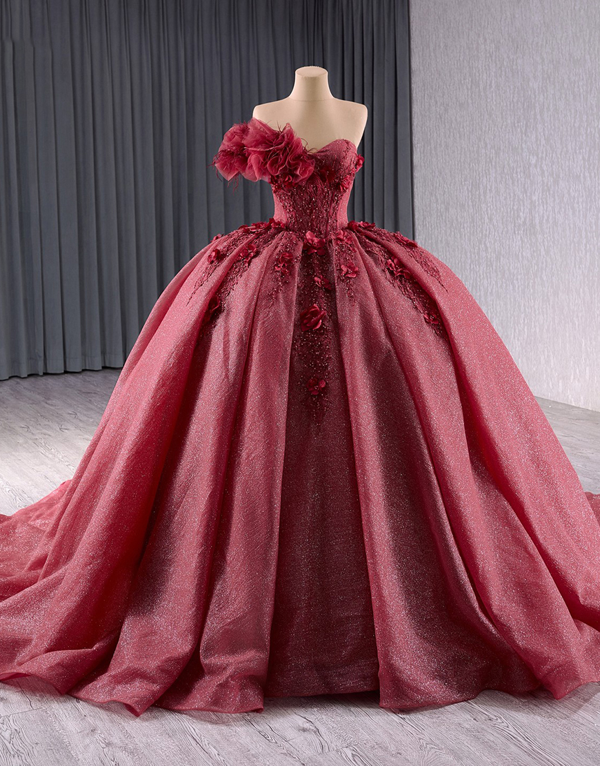 Sparkly Burgundy Strapless Corset 3D Tulle Flowers Quinceanera Dress with Appliques 