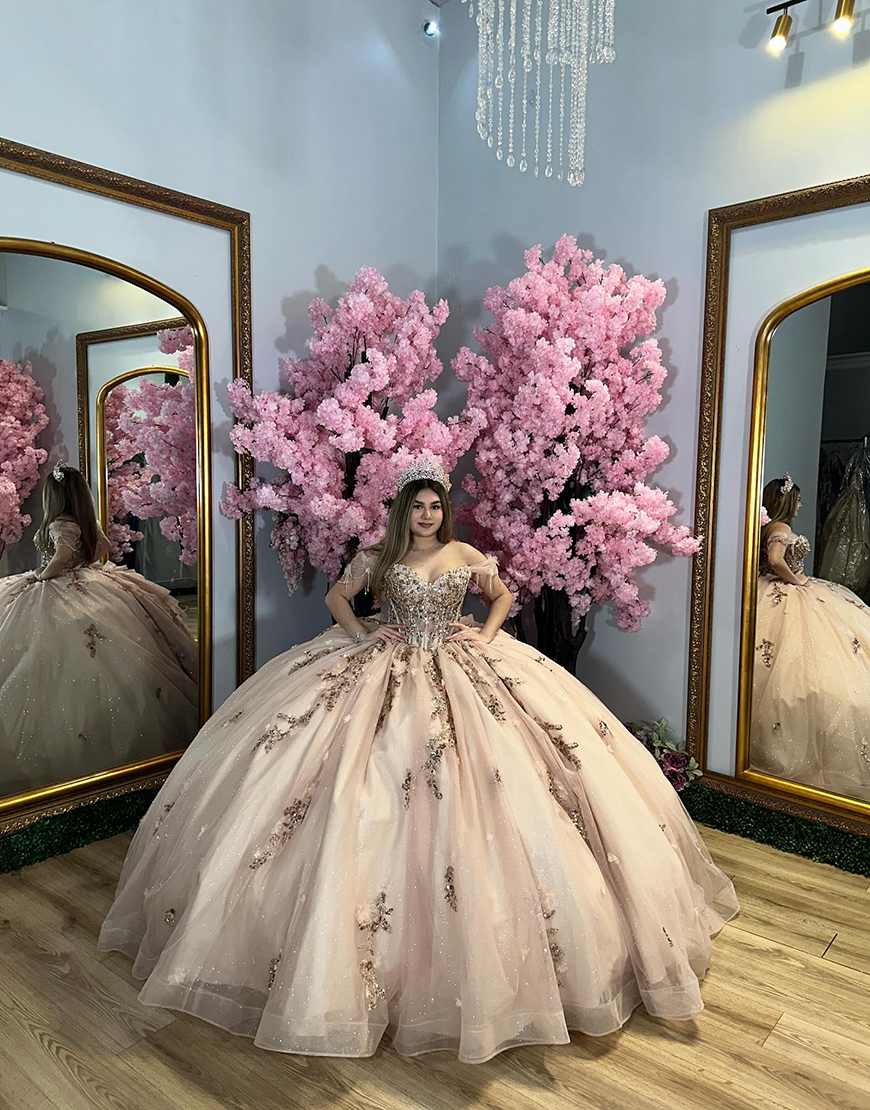 Sparkly Shallow Champagne Off The Shoulder Quinceanera Dress with Sequins Appliques