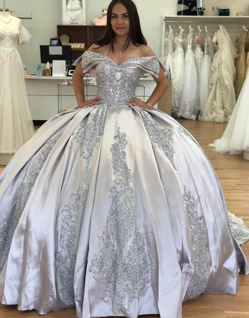 Sparkly Silver Off the Shoulder Sequined Appliques Quinceanera Dresses With Rhinestones