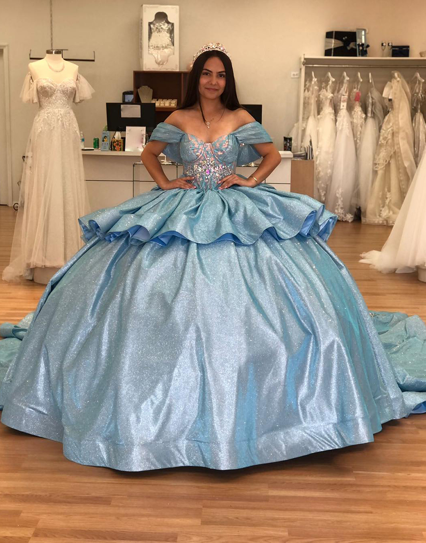 Sparkly Grey Blue Off The Shoulder Sequins Appliques Tiered Quinceanera Dress with Bow
