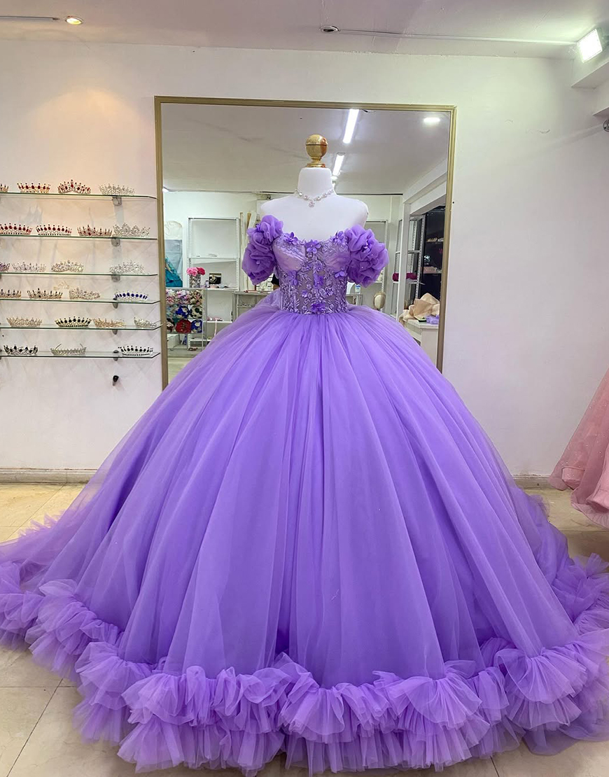 Purple Sweetheart Off The Shoulder Appliques Quinceanera Dresses with Pleated Tulle