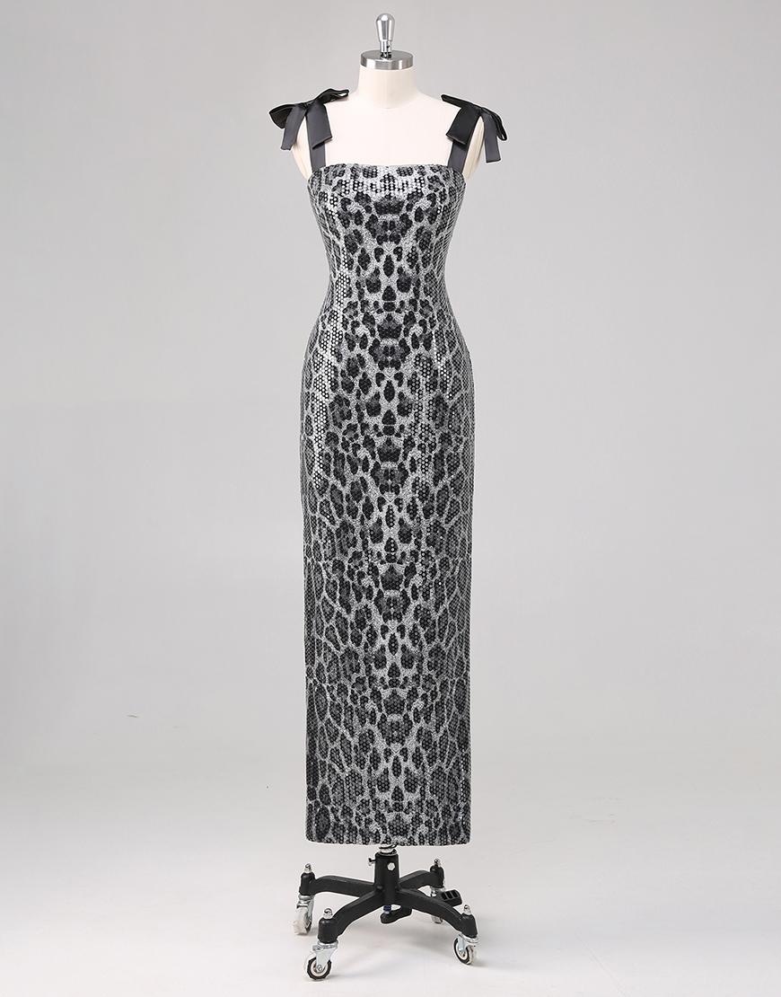 Sparkly Grey Leopard Sequins Sheath Bow Tie Shoulder Straps Ankle Length Prom Dress
