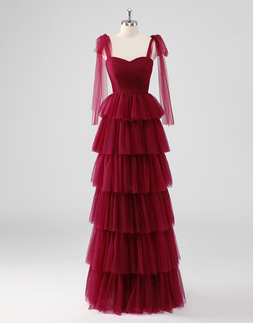 Burgundy A-Line Straps Long Tulle Prom Dress with Ruffles