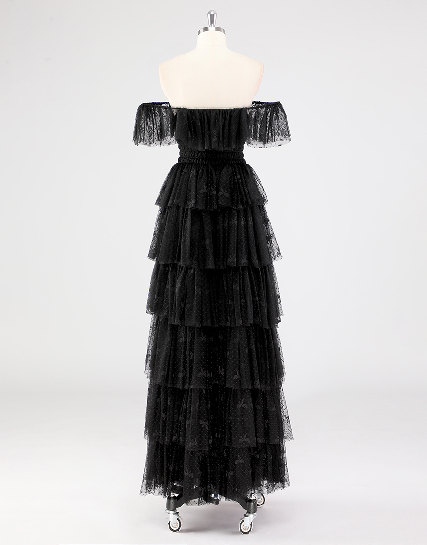 A-Line Black Off The Shoulder Long Lace Prom Dress with Ruffles