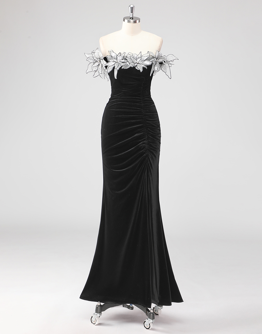 Sheath Black Strapless Ruched Slit Long Formal Dress With 3D Flowers