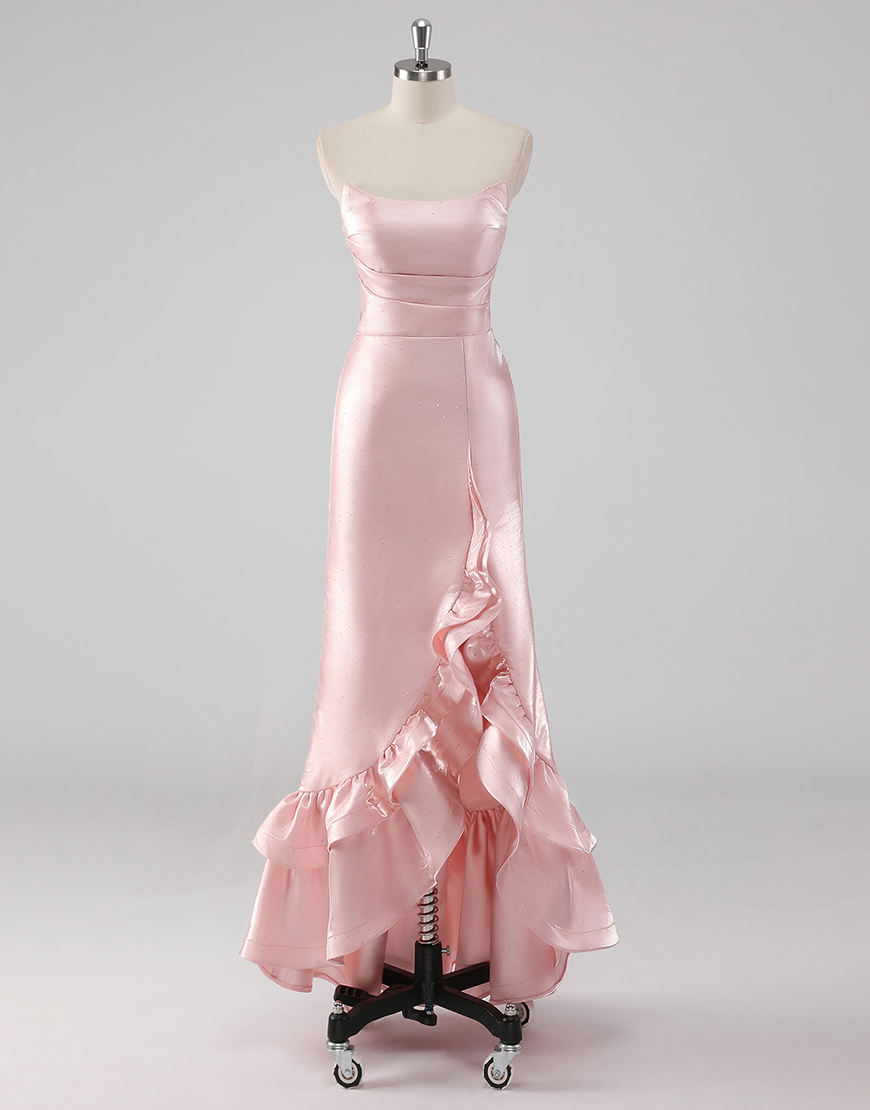 Sparkly Pink Mermaid Strapless Ruched Ruffles Beaded Satin Long Prom Dress with Slit