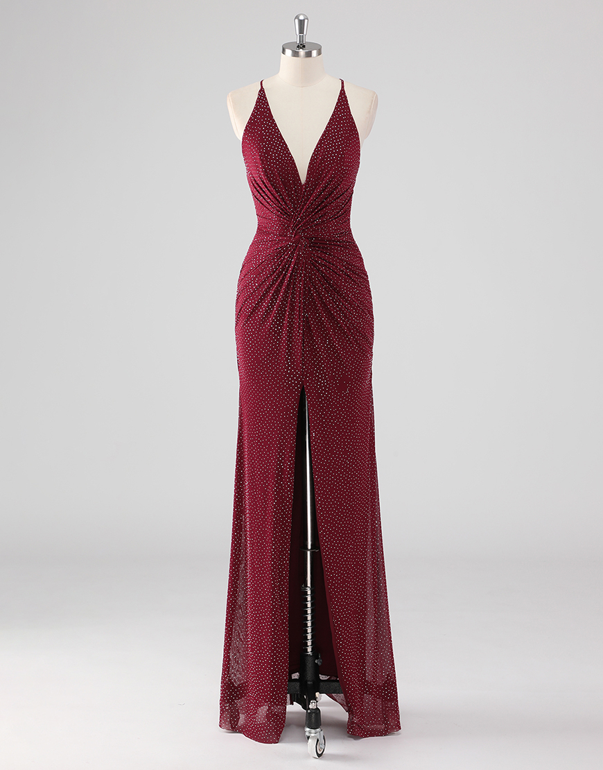 Sparkly Burgundy Deep V Ruched Slit Long Formal Dress With Sequin