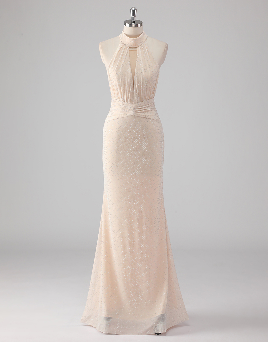 Sparkly Cream Halter Long Formal Dress With Sequin