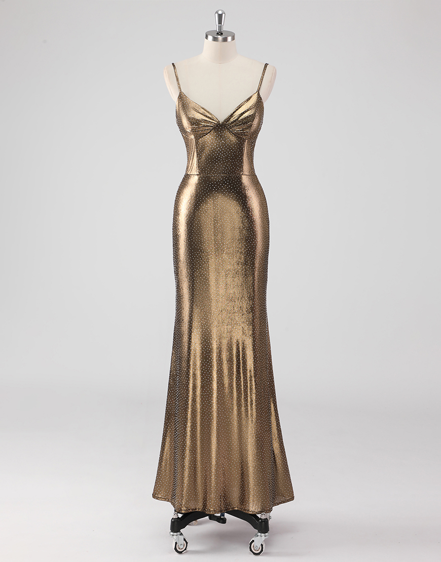 Sparkly Golden Spaghetti Straps Long Metallic Formal Dress With Sequin