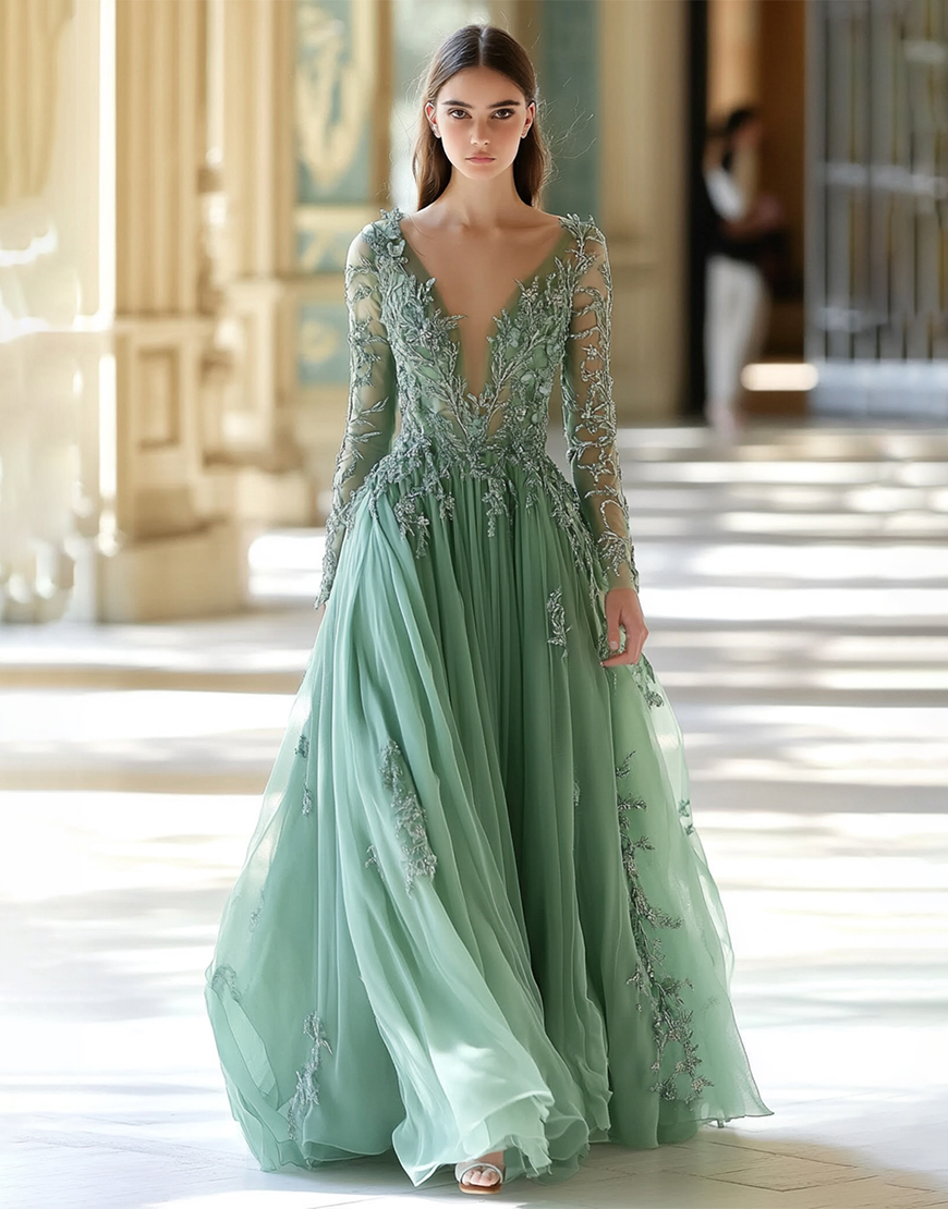 Graceful A Line Sage Long Sleeve Tulle Long Prom Dress with Appliques