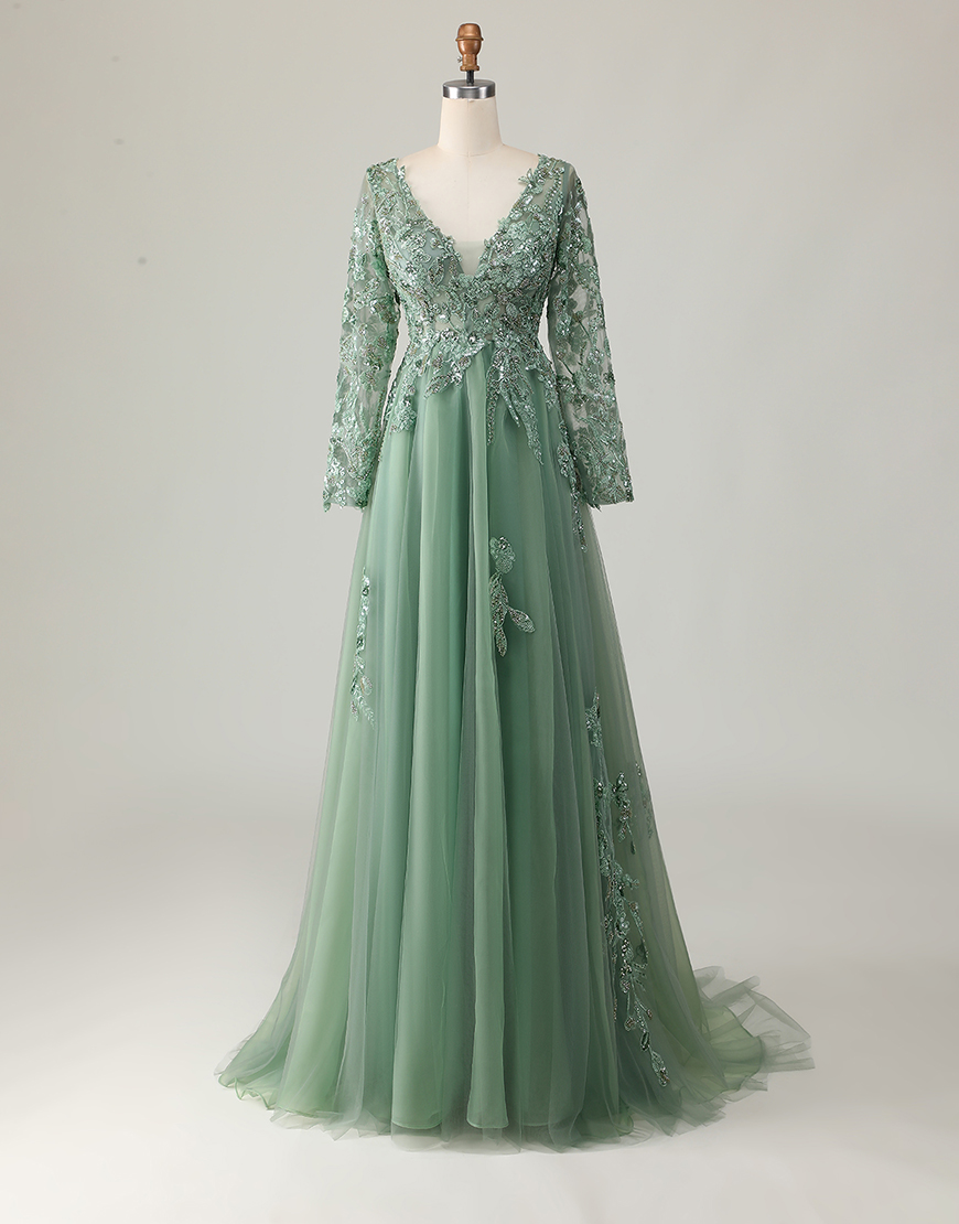 Graceful A Line Sage Long Sleeve Tulle Long Prom Dress with Appliques