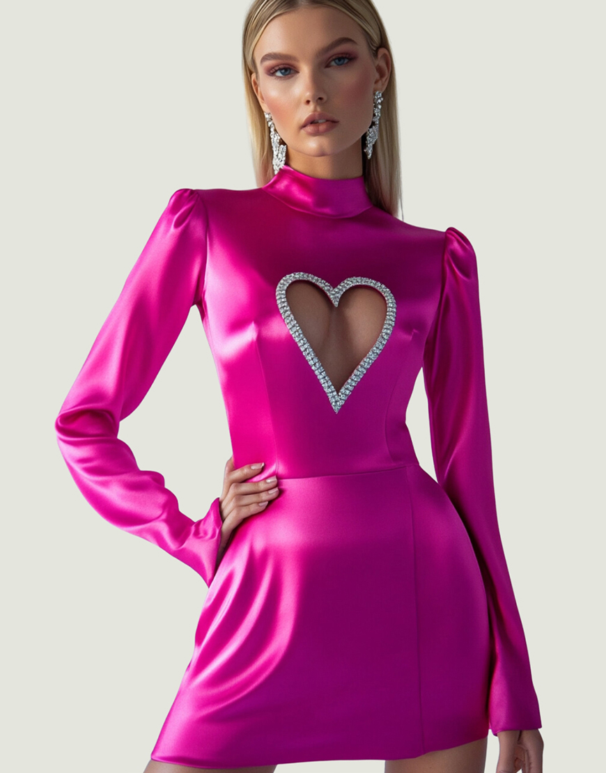 Fuchsia Sheath High Neck Hollow Satin Short Prom Dress With Rhinestone