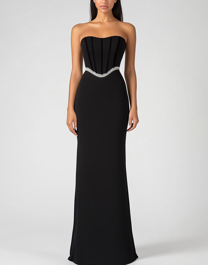 Elegant Black Strapless Sheath Long Prom Dress With Rhinestone Chain