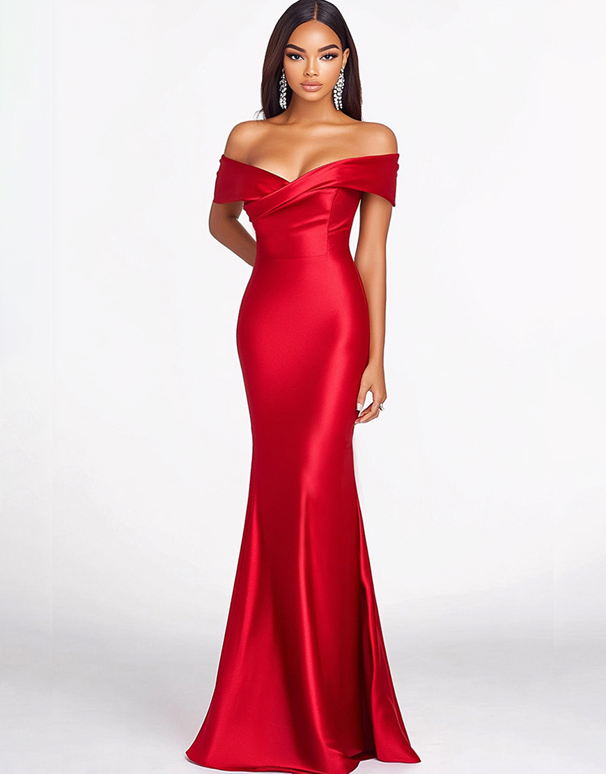 Elegant Red Off The Shoulder Sheath Satin Long Prom Dress 