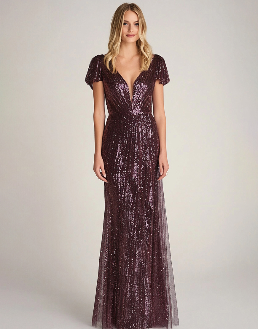 Sparkly Burgundy V Neck Short Sleeve Sheath Long Prom Dress With Sequin