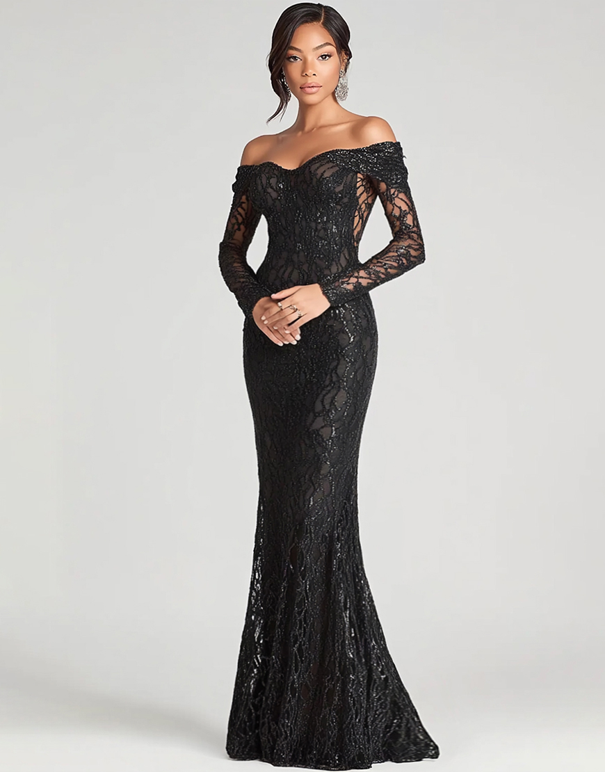 Black Off The Shoulder Long Sleeve Sheath Mesh Long Prom Dress With Lace