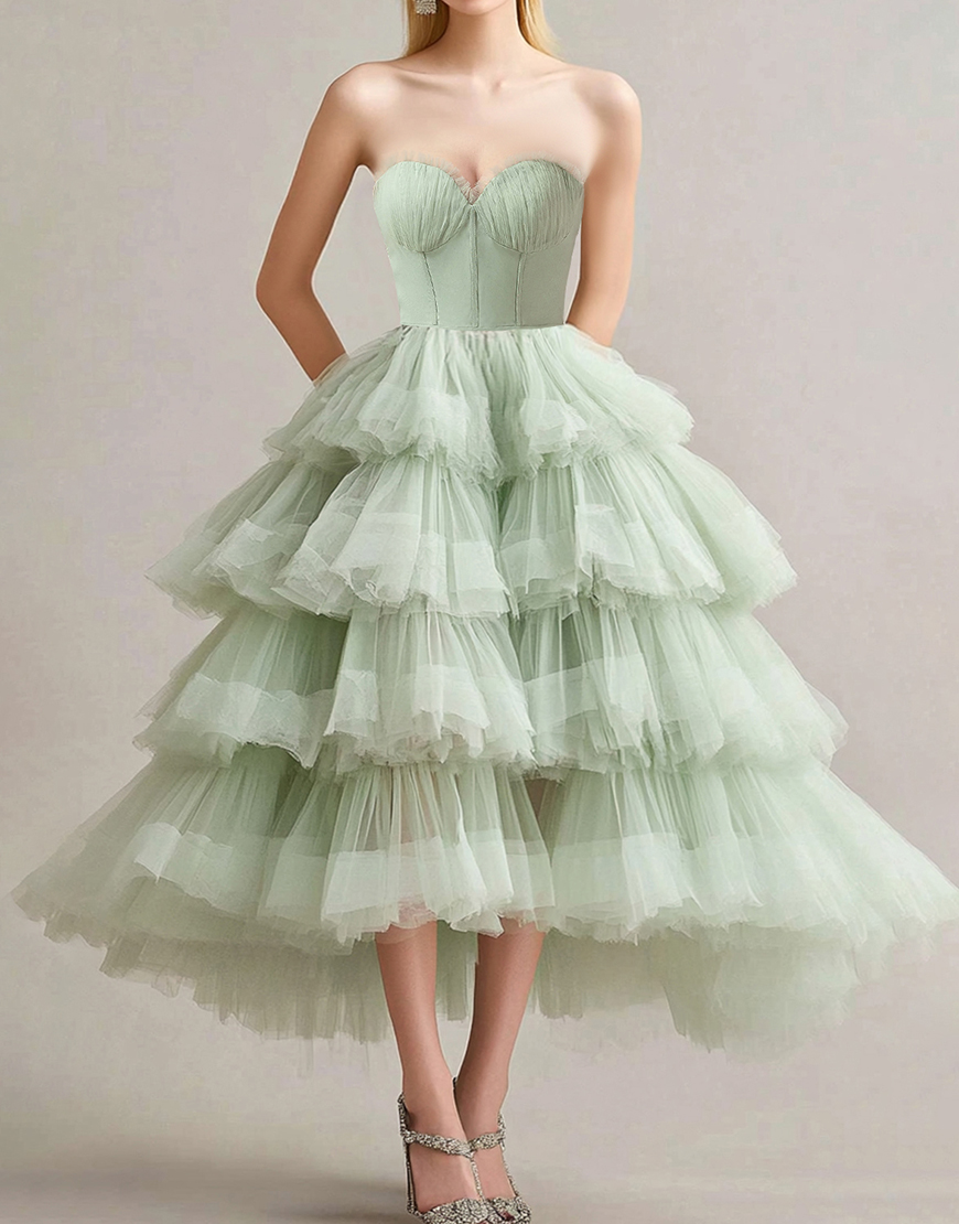 Sage Ball Gown Strapless  Tulle Long Prom Dress With Ruffles
