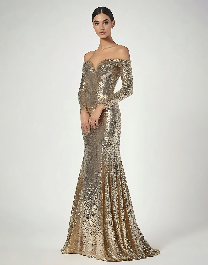Sparkly Golden One Shoulder Sheath Long Formal Dress With Sequin