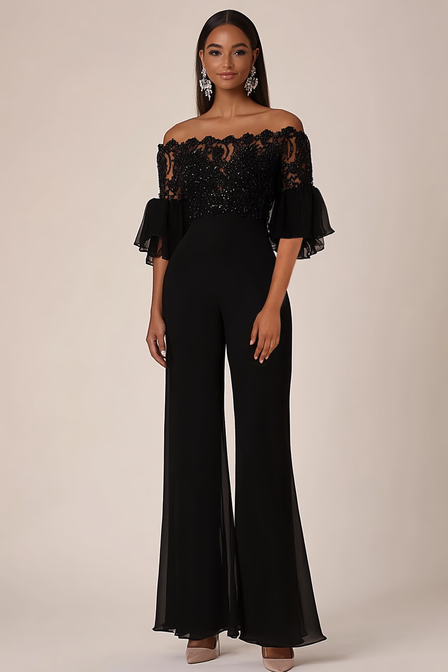 Sparkly Black Off The Shoulder Sequined Long Prom Jumpsuit with Lace 