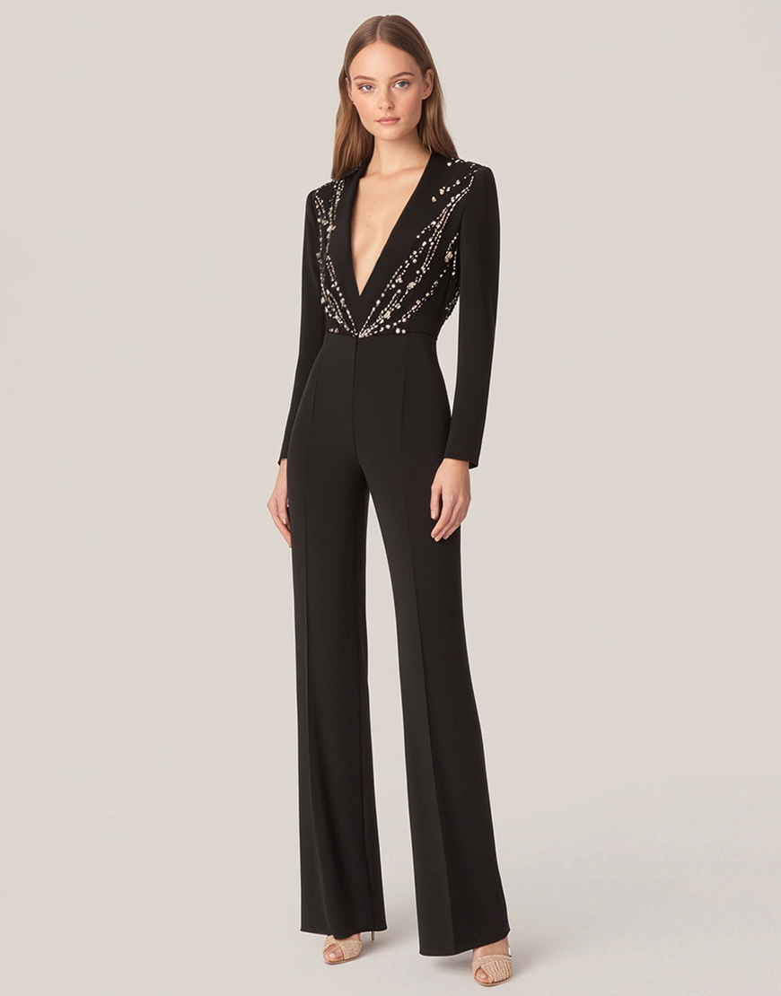 Sparkly Black V-Neck Long Sleeve Sequined Long Prom Jumpsuit with Beading 