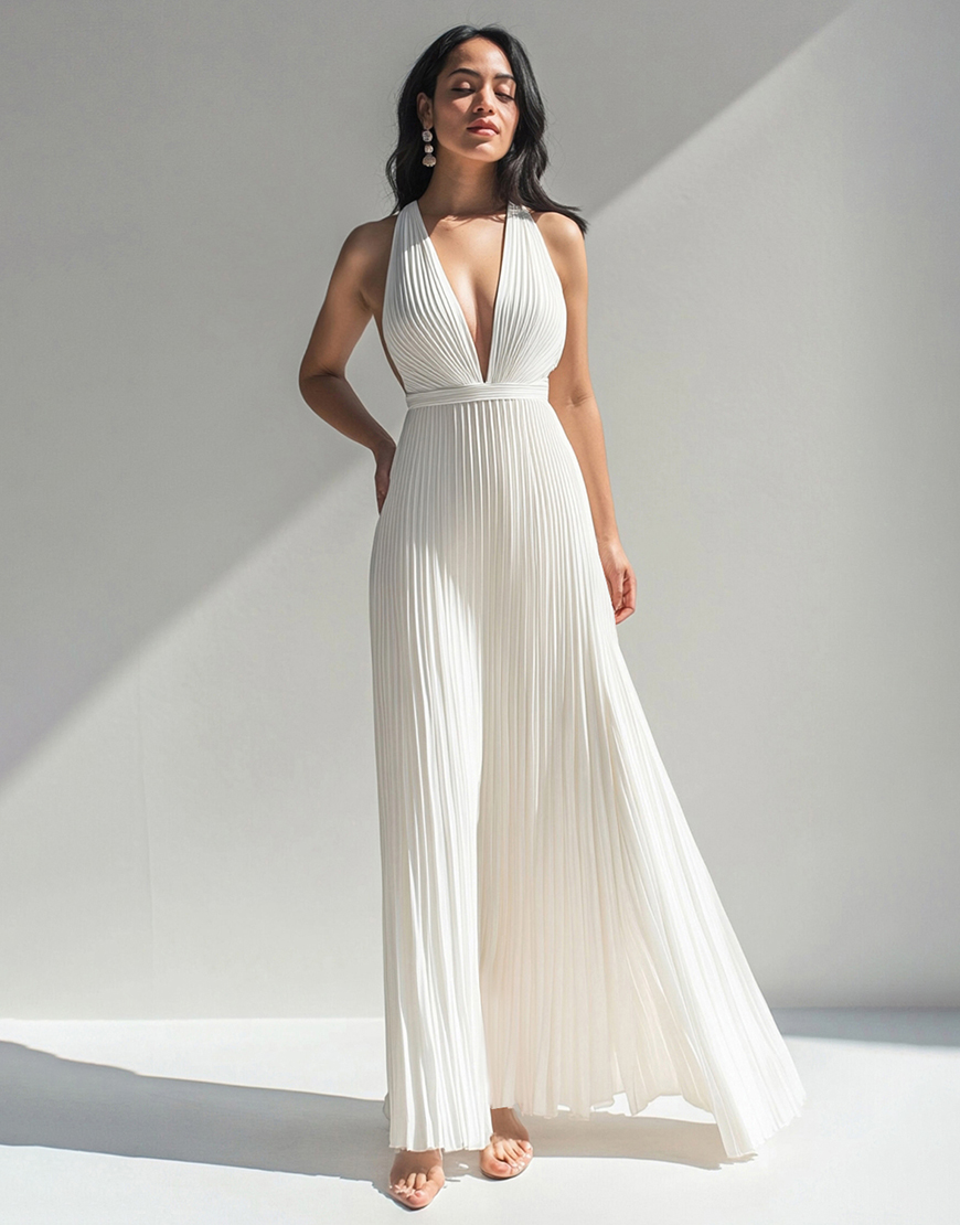 Elegant Ivory A-Line V-Neck Long Prom Dress With Sun Pleat