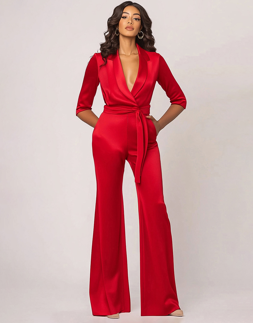 Red V-Neck Mid Sleeve Satin Long Prom Jumpsuit with Pockets