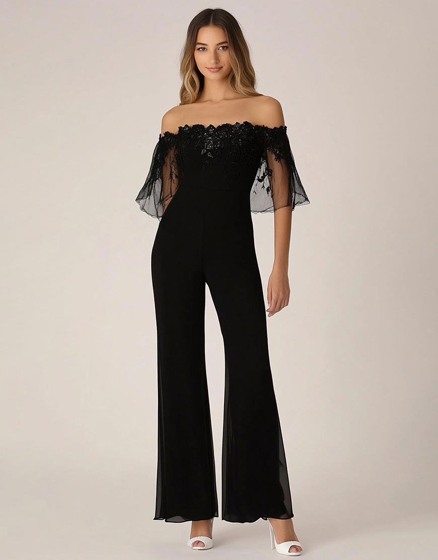 Sparkly Black Off The Shoulder Tulle Long Prom Jumpsuit with Lace Appliques