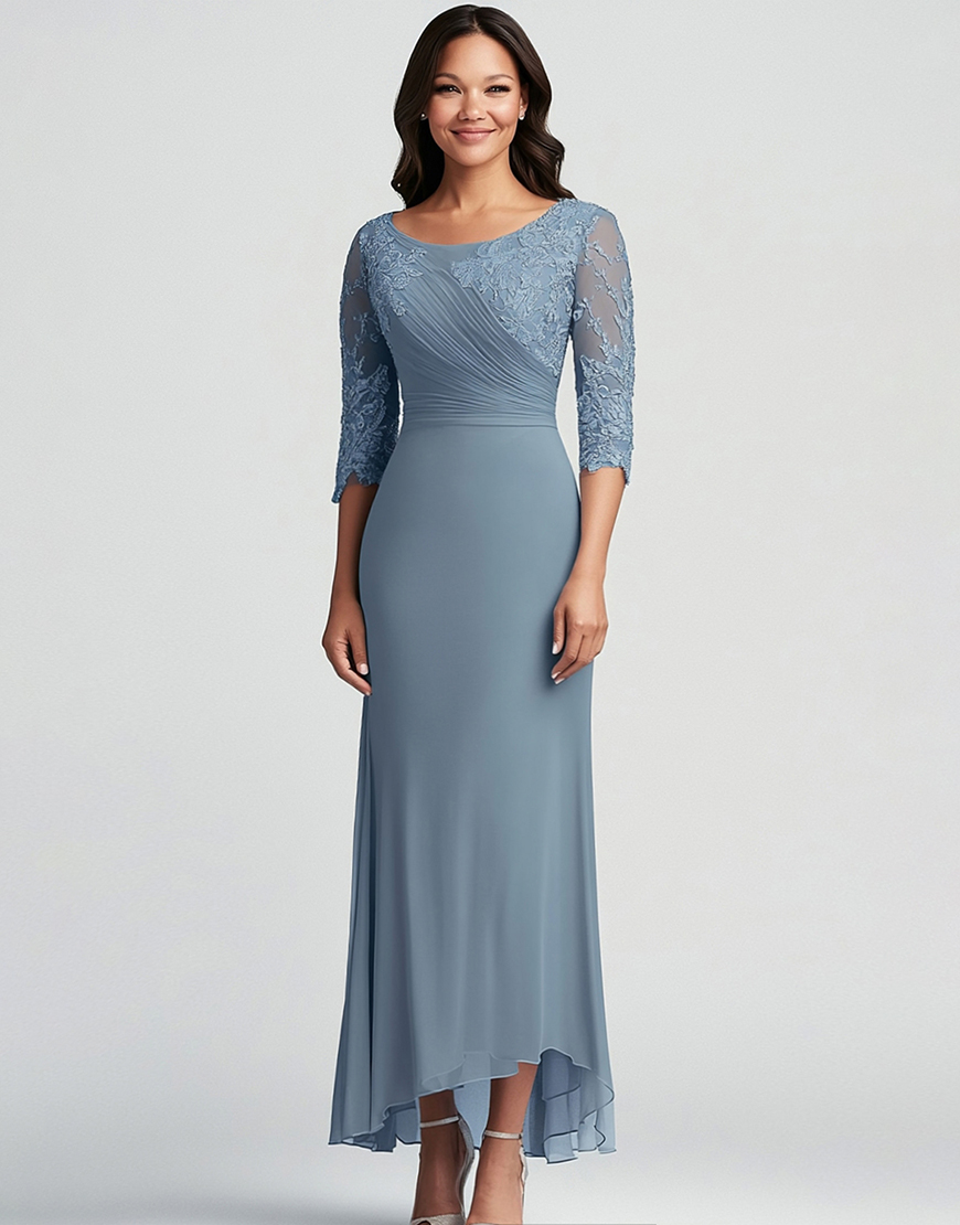 Graceful Mermaid Dusty Blue Appliques Tulle Long Prom Dress with Lace