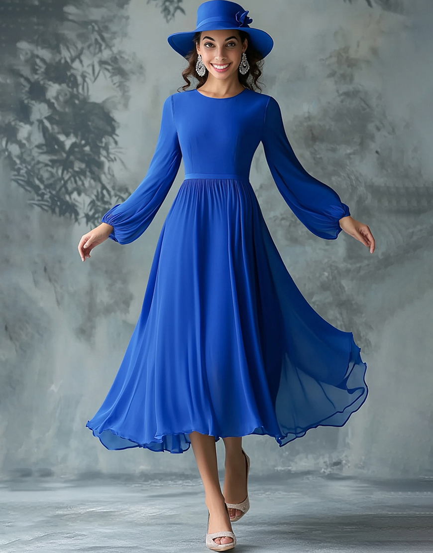 Elegant A-Line  Royal Blue Long Sleeve Tulle Long Prom Dress 