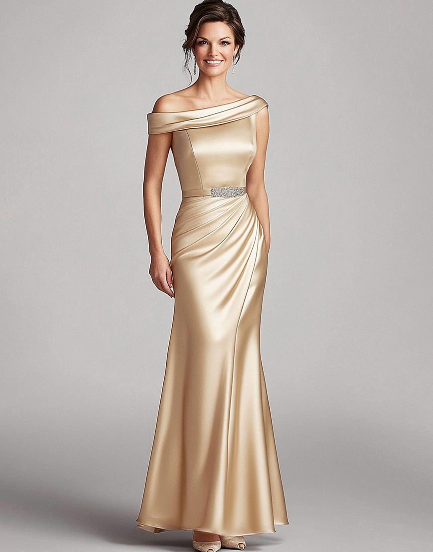 Graceful Mermaid Champagne  Off The Shoulder Satin Long Prom Dress with Rhinestone