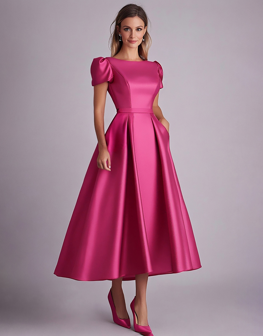 Elegant A-Line Fuchsia Puff Sleeve Satin Ruched Long Prom Dress 