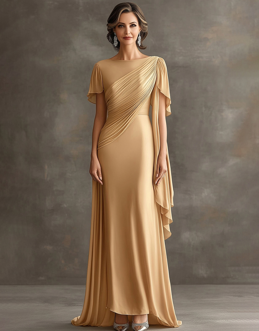Graceful Mermaid Golden  Satin Ruffles Long Prom Dress with Cloak