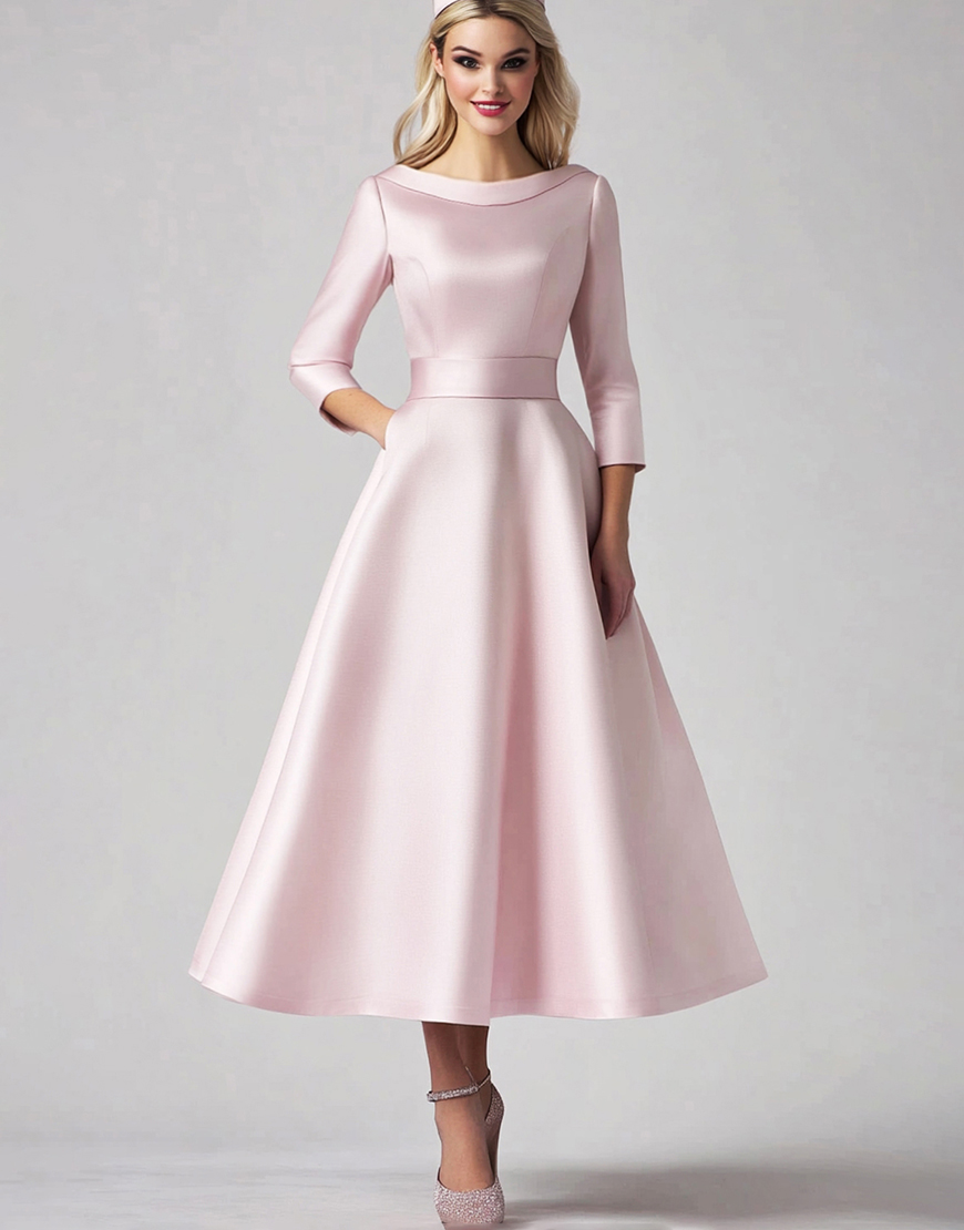 Elegant A-Line Pink Long Sleeve Satin Ruched Long Prom Dress 