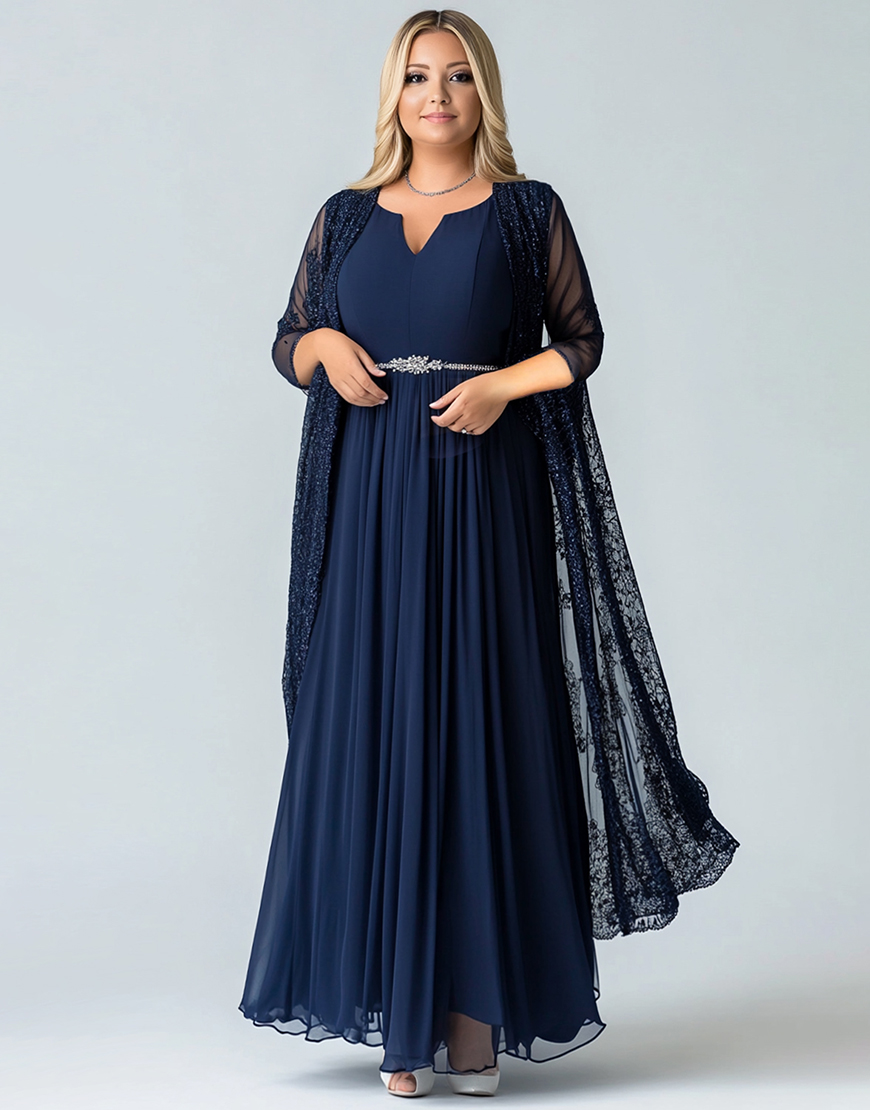 Elegant A-Line Navy Two Piece  Long Prom Dress With Chiffon Jacket